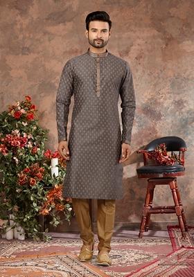 Grey Printed Silk Kurta Set For Men
