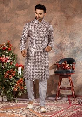 White Printed Silk Kurta Set For Men