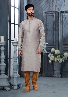 Light Grey Stone Work Silk Kurta Set For Men