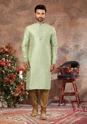 Seafoam Green Stone Work Silk Kurta Set For Men