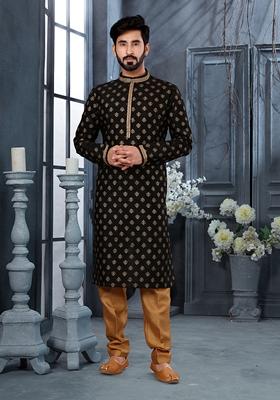 Black Printed Silk Kurta Set For Men