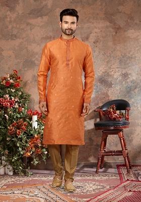 Orange Stone Work Silk Kurta Set For Men