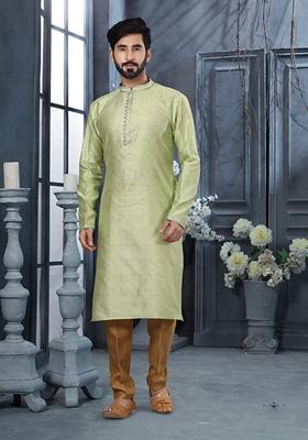 Sea Green Thread Work Jacquard Kurta Set For Men