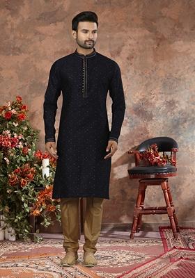 Navy Blue Thread Work Jacquard Kurta Set For Men