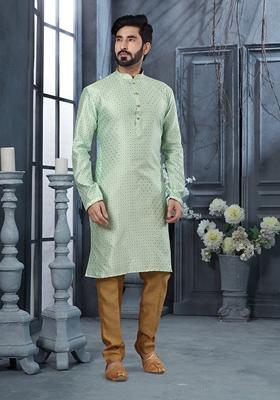 Rama Green Thread Work Jacquard Kurta Set For Men
