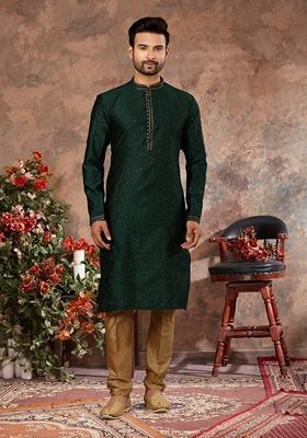 Bottle Green Thread Work Jacquard Kurta Set For Men