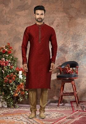 Maroon Thread Work Jacquard Kurta Set For Men