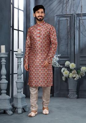Multi Colour Printed Silk Kurta Set For Men