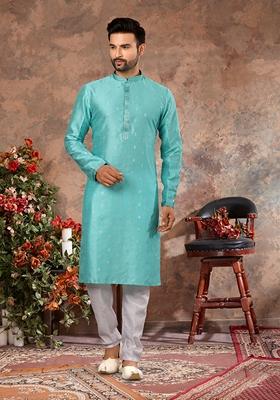 Sky Blue Stone Work Silk Kurta Set For Men