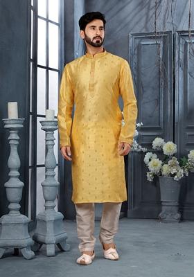 Yellow Stone Work Silk Kurta Set For Men