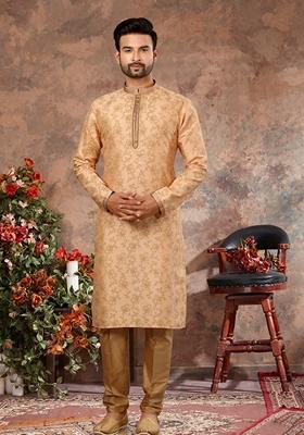 Peach Printed Silk Kurta Set For Men