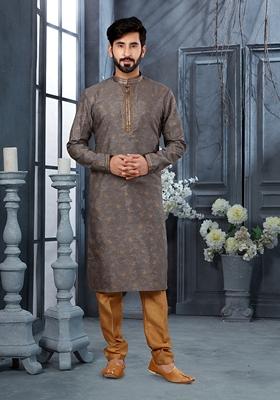 Grey Printed Silk Kurta Set For Men