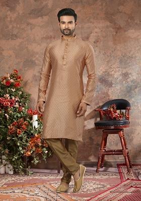 Chiku Brown Thread Work Jacquard Kurta Set For Men