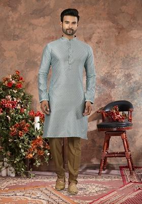 Firozi Blue Thread Work Jacquard Kurta Set For Men