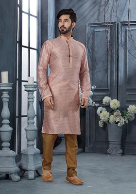 Pink Thread Work Jacquard Kurta Set For Men
