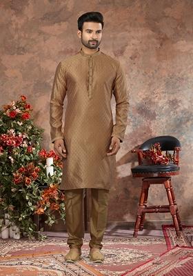 Gold Thread Work Jacquard Kurta Set For Men