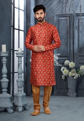 Red Printed Silk Kurta Set For Men