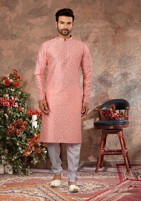 Pink Printed Silk Kurta Set For Men