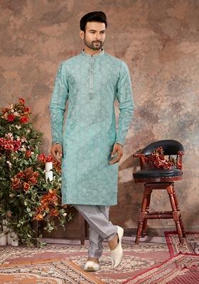 Sky Blue Printed Silk Kurta Set For Men