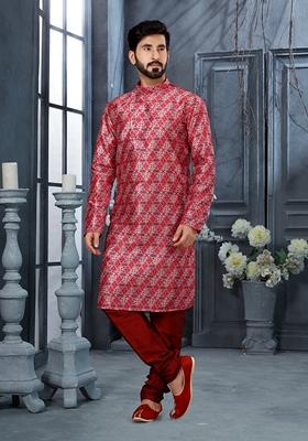 Multi Colour Printed Silk Kurta Set For Men