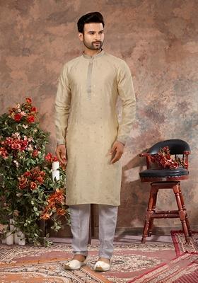 Light Lemon Green Stone Work Silk Kurta Set For Men