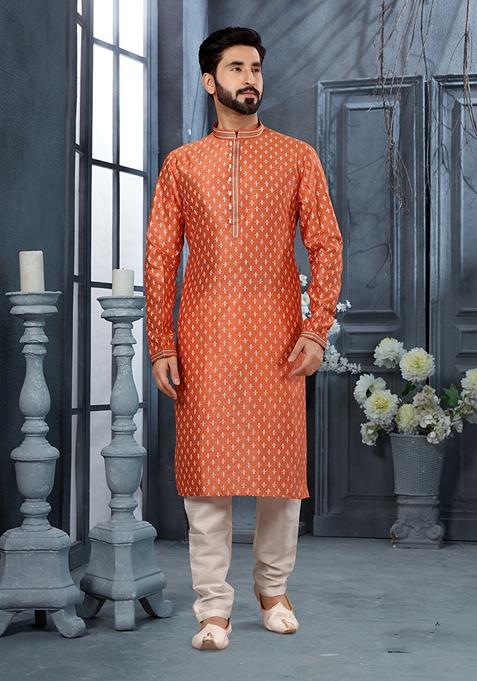 Orange Printed Silk Kurta Set For Men