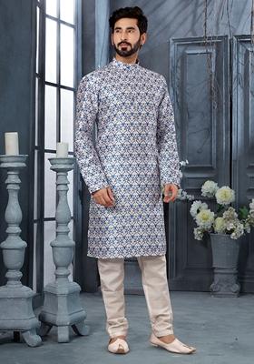 Multi Colour Printed Silk Kurta Set For Men