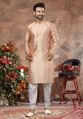 Light Orange Printed Silk Kurta Set For Men