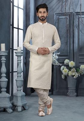 Off White Embroidered Silk Kurta Set For Men