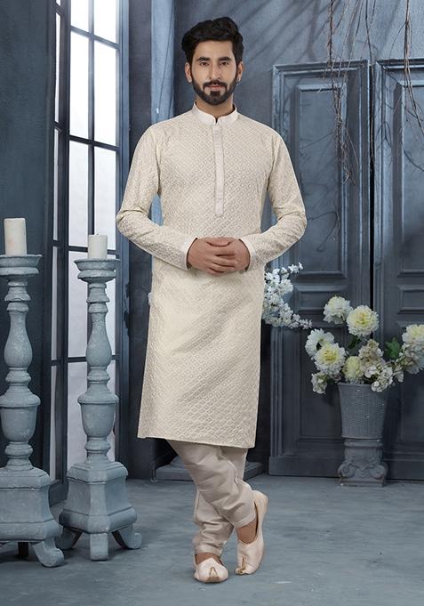 Off White Embroidered Silk Kurta Set For Men