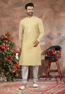 Lemon Green Embroidered Silk Kurta Set For Men