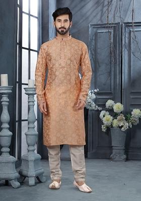 Peach Printed Silk Kurta Set For Men