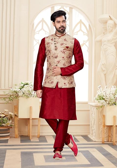 Maroon Printed Silk Jacket Set For Men