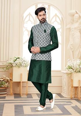 Green Printed Silk Jacket Set For Men