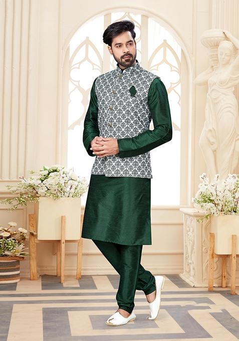 Green Printed Silk Jacket Set For Men