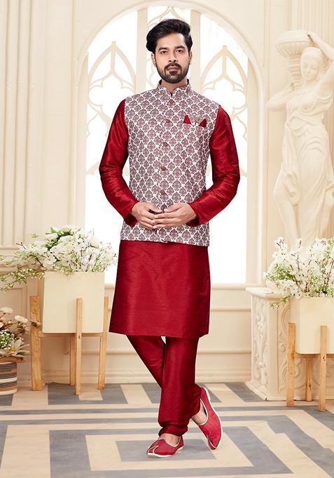 Maroon Printed Silk Jacket Set For Men
