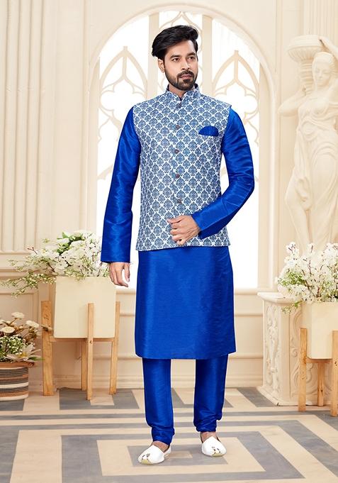Royal Blue Printed Silk Jacket Set For Men