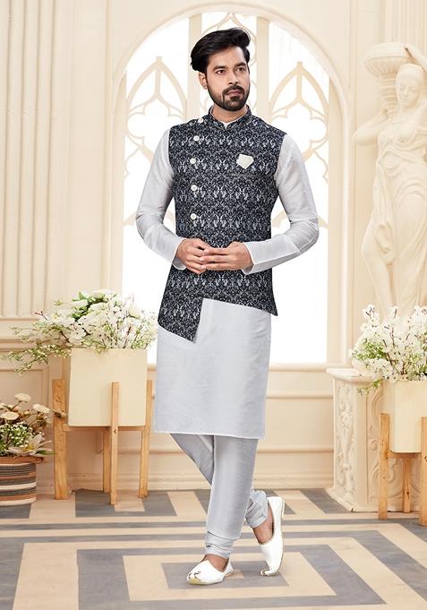 White Printed Silk Jacket Set For Men