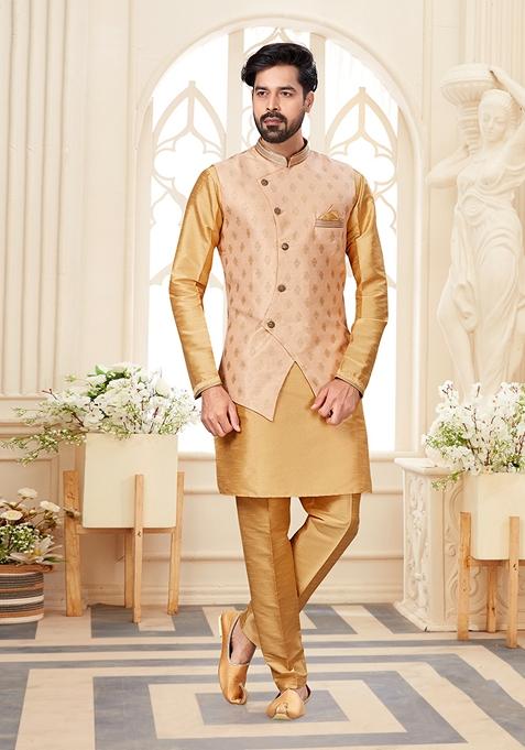 Chiku Brown Printed Silk Jacket Set For Men