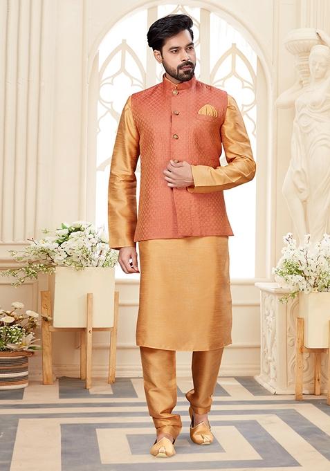 Chiku Brown Printed Silk Jacket Set For Men
