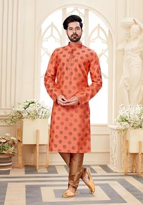 Peach Thread Embroidered Silk Kurta Set For Men
