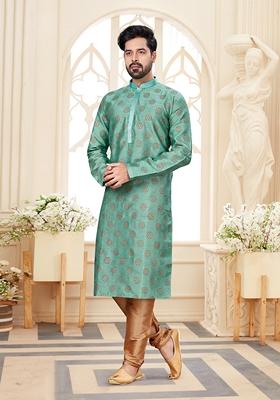 Sky Blue Thread Embroidered Silk Kurta Set For Men