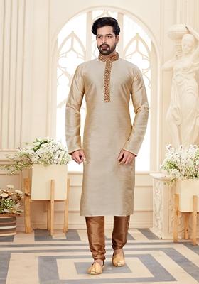White Printed Silk Kurta Set For Men