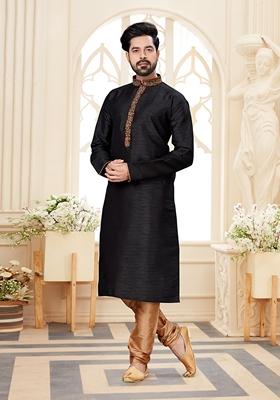 Black Printed Silk Kurta Set For Men