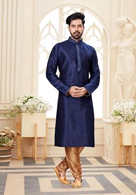 Navy Blue Printed Silk Kurta Set For Men