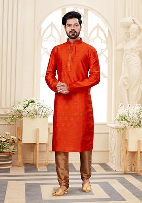 Orange Thread Embroidered Silk Kurta Set For Men