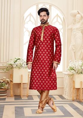 Maroon Thread Embroidered Silk Kurta Set For Men
