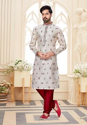 White Thread Embroidered Silk Kurta Set For Men