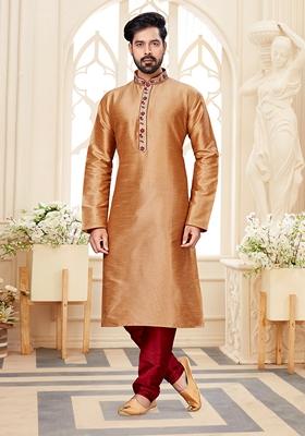 Chiku Brown Printed Silk Kurta Set For Men