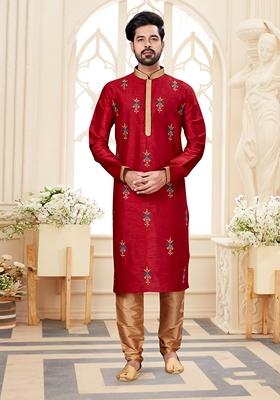Maroon Thread Embroidered Silk Kurta Set For Men